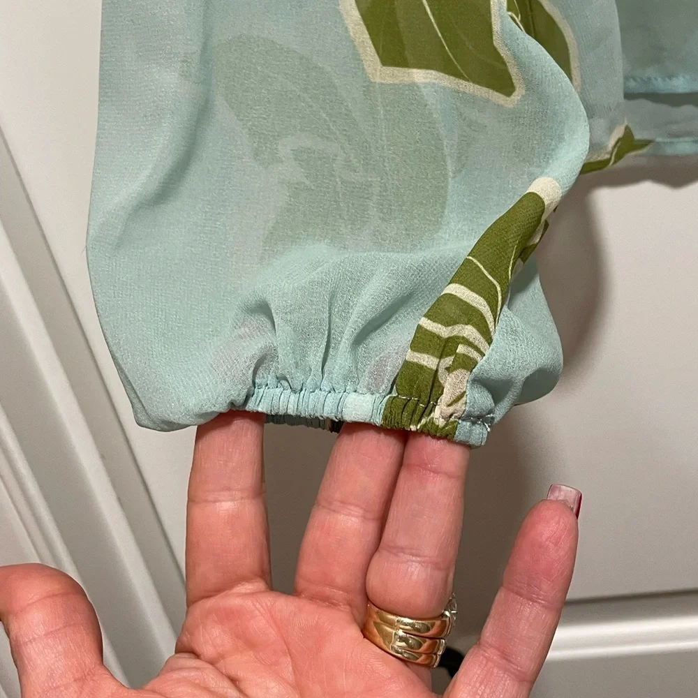 Anthropologie Hutch XXS Olive & Aqua Floral Ruffle Sleeve V Neck Sheer Blouse - Picture 5 of 9